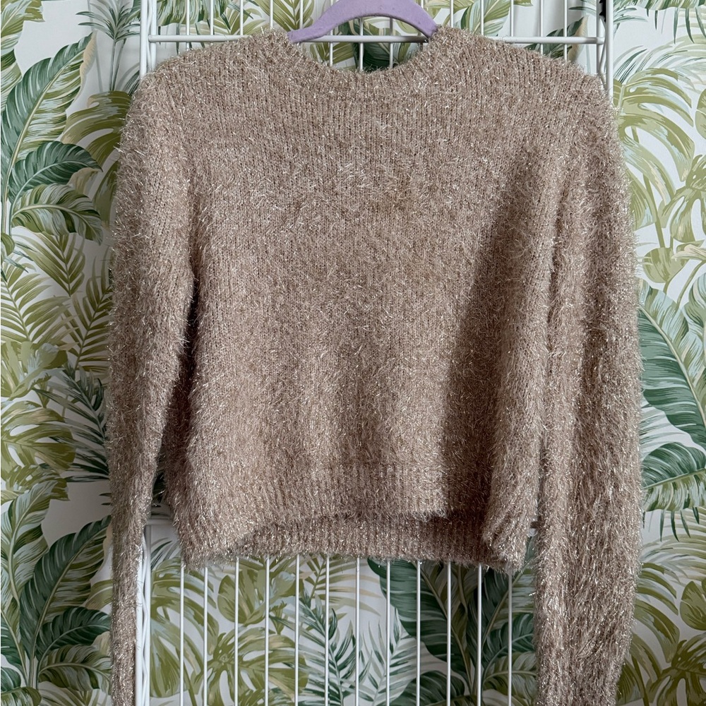 Cozy Gold Sparkle Fuzzy Crop Sweater